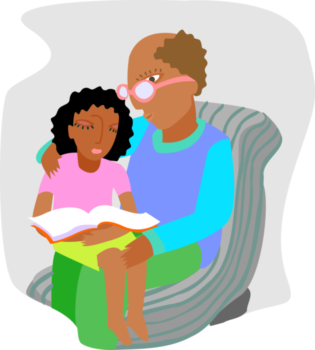 Vector Illustration of Father Listens as Student Daughter Reads Book 