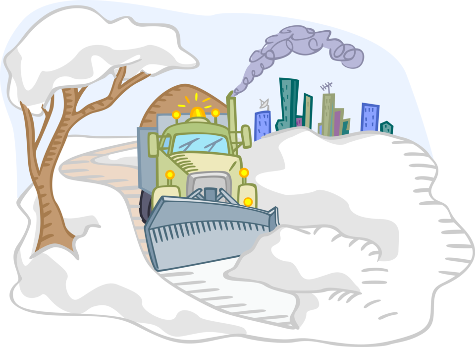 Vector Illustration of City Maintenance Truck Plowing Snow After Winter Storm