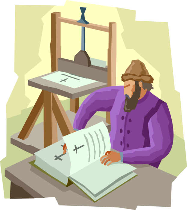 Vector Illustration of Gutenberg, German Inventor of Print with Movable Type Printing Press