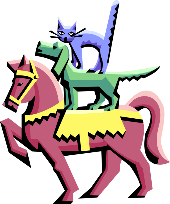 Vector Illustration of Big Top Circus Horse with Small Cat and Dog Performing 