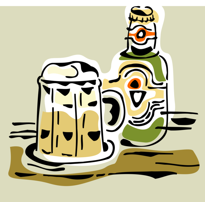 Vector Illustration of Imported Beer in Bottle with Mug of Frosty Ale