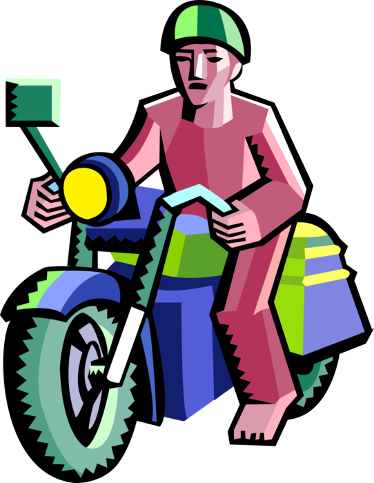 Vector Illustration of Motorcyclist Rides Motorcycle Wearing Safety Helmet