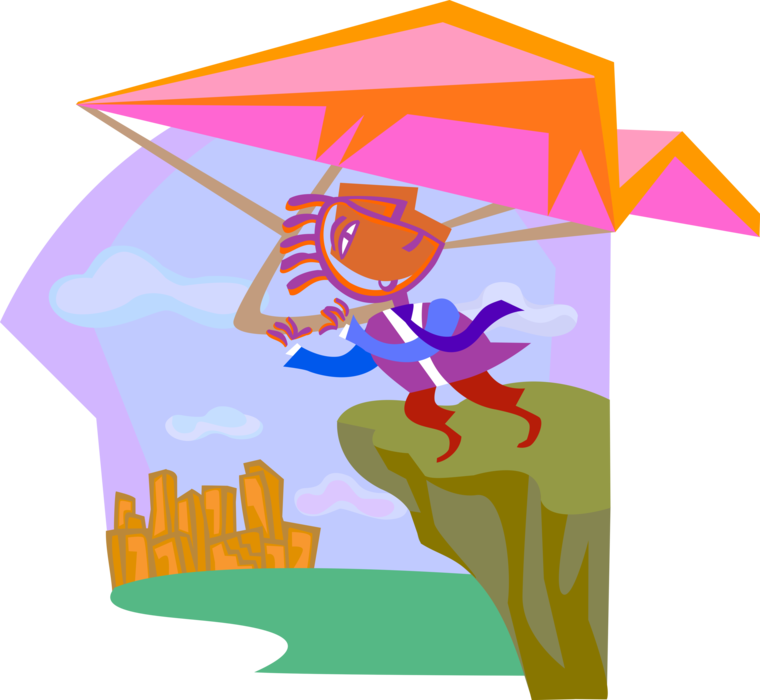Vector Illustration of Businessman Hang Glider Hang Gliding from Cliff