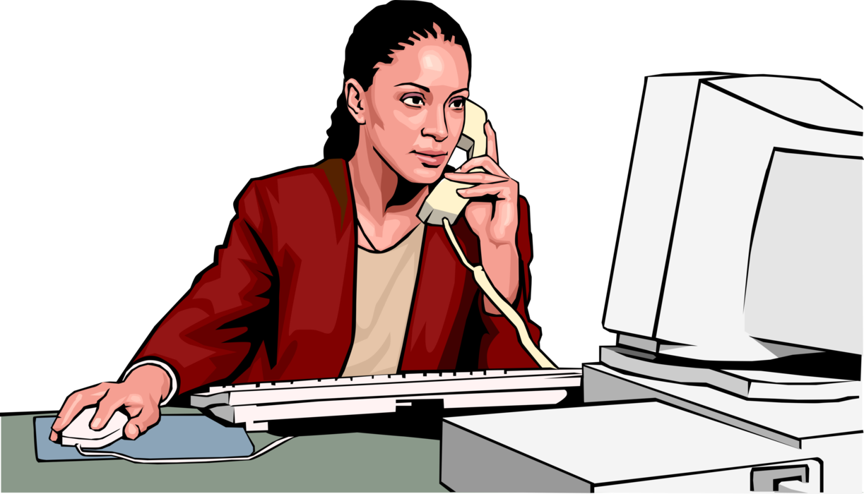 Vector Illustration of Businesswoman on Phone Checks Computer Records