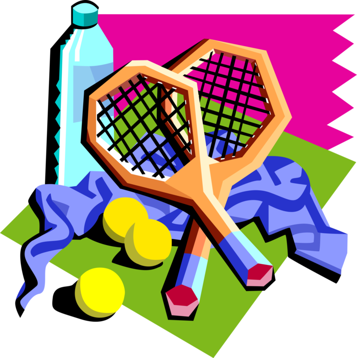 Vector Illustration of Sport of Tennis Racket or Racquets with Water Bottle and Towel