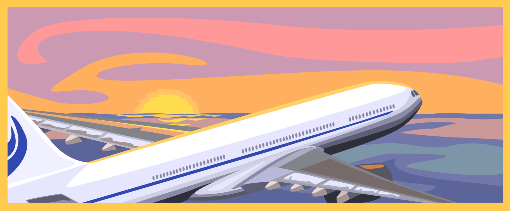Vector Illustration of Commercial Jet Airplane Airline in Flight Flying in Sunset