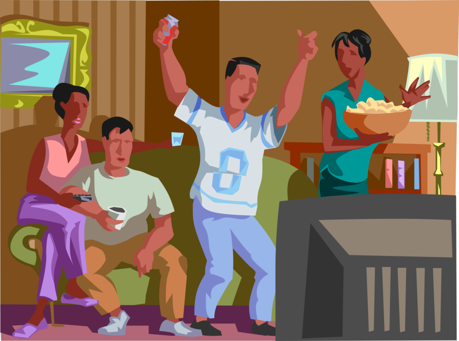 Vector Illustration of Couples Watching Sports Game on Television Cheer