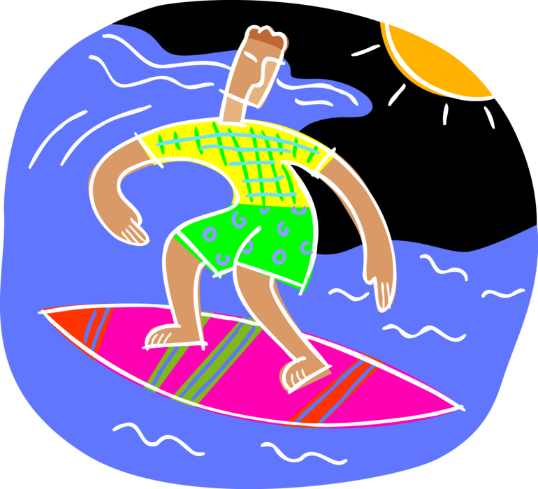Vector Illustration of Young Surfer Surfing the Waves on Surfboard