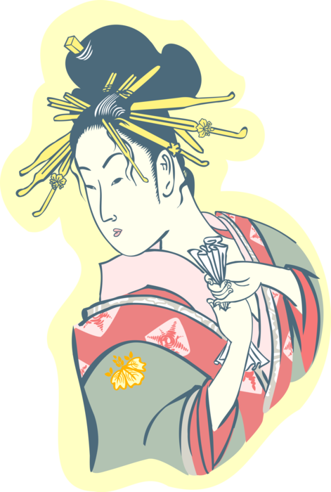 Vector Illustration of Japanese Courtesan Geisha Hostess in Traditional Garment Kimono Dress