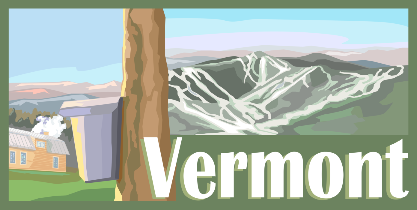 Vector Illustration of Vermont Postcard Design with Maple Syrup Production and Ski Resort