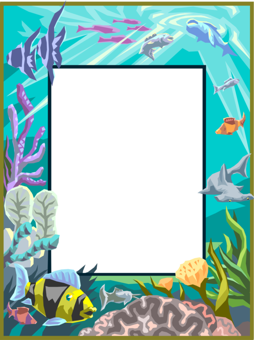 Vector Illustration of Underwater Tropical Reef with Fish and Aquatic Life Border Frame