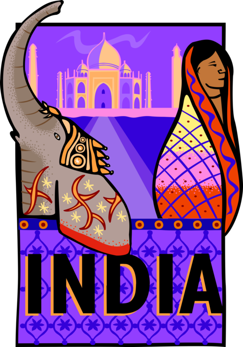 Vector Illustration of India Postcard Design Featuring Taj Mahal Marble Mausoleum, India