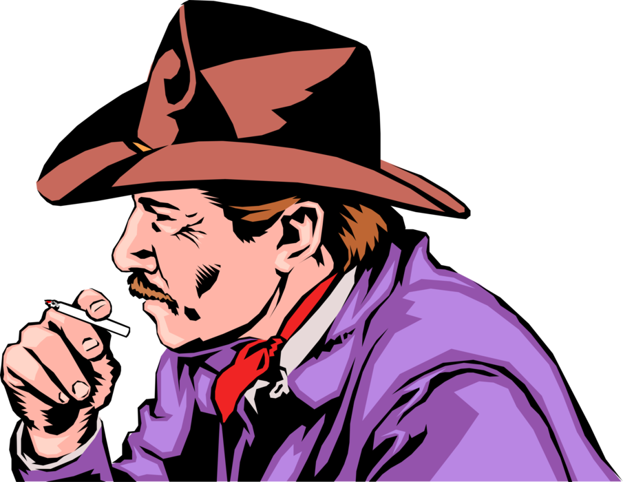 Vector Illustration of Western Cowboy Ranch Hand Smokes Cigarette