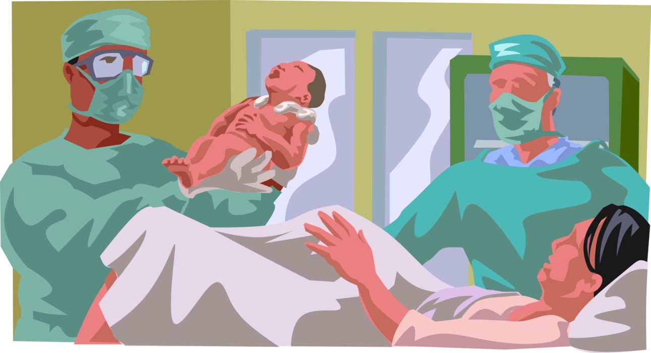 Vector Illustration of Obstetrician Doctor Delivers Baby in Hospital and Presents Newborn to Mother