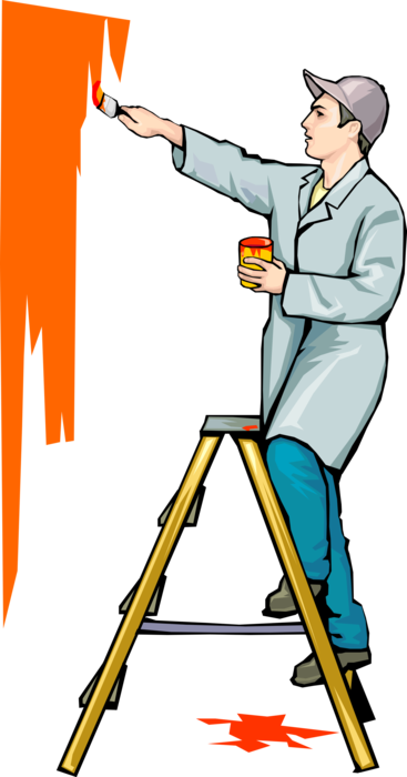 Vector Illustration of Home Improvement Renovation and Decoration Painter on Ladder Painting
