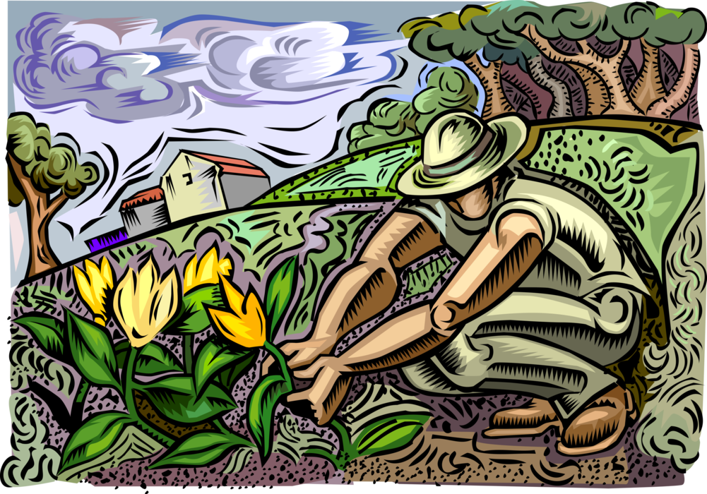 Vector Illustration of Gardener Cultivates Soil and Nurtures Plants in Flower Garden