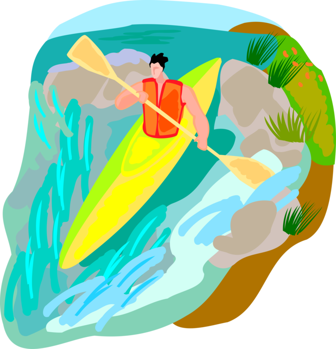 Vector Illustration of Kayaker Kayaking Over Small Waterfall in Kayak