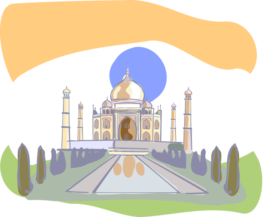 Vector Illustration of Taj Mahal Marble Mausoleum on Yamuna River in Indian City of Agra, India