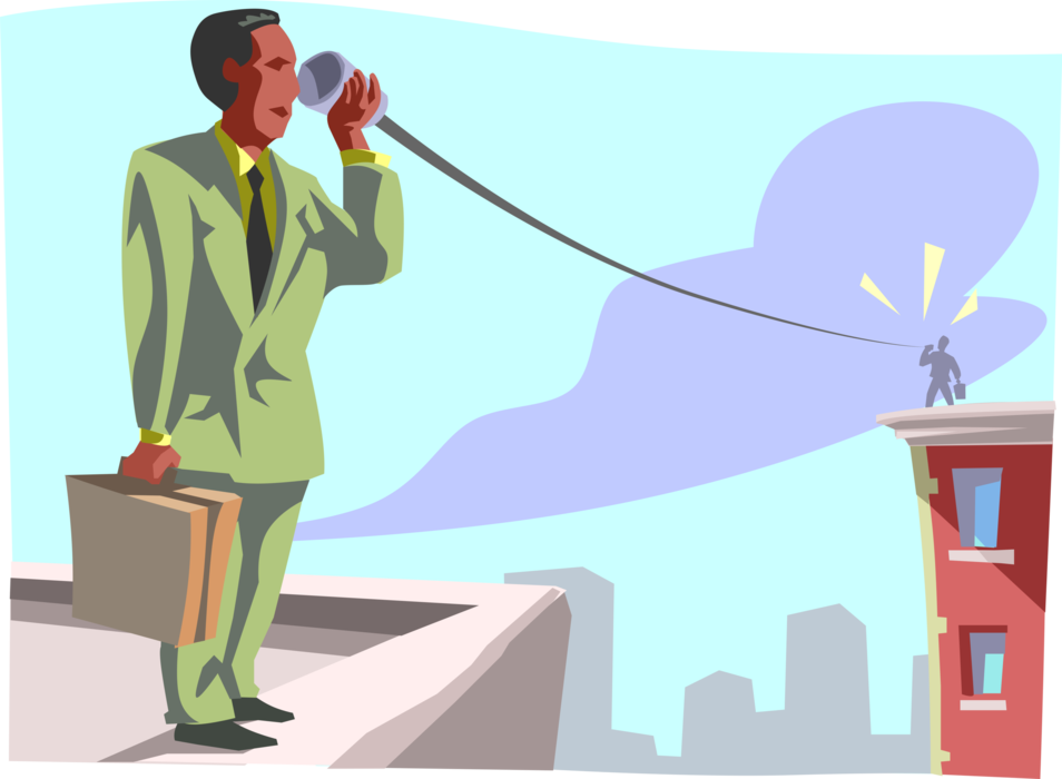 Vector Illustration of Businessman in Tin Can with String Phone Conversation 