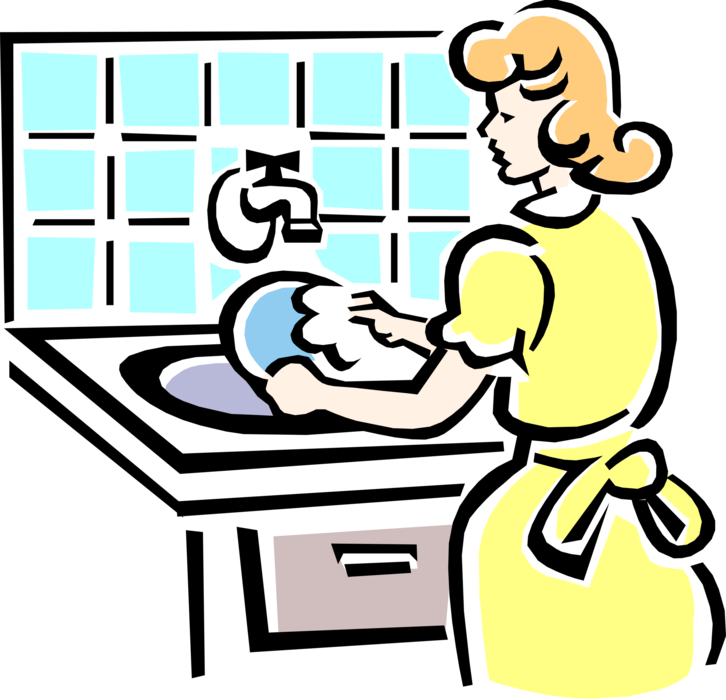 Vector Illustration of 1950's Vintage Style Mother in Kitchen Washing Dirty Dinner Dishes