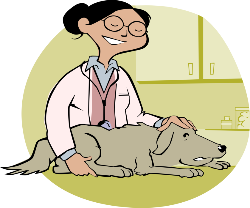 Vector Illustration of Compassionate Veterinarian Administers Treatment to Anxious Family Pet Dog Patient