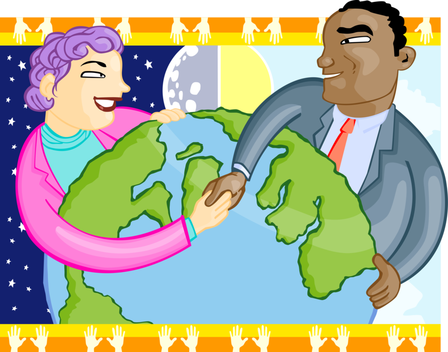 Vector Illustration of Man and Woman Shaking Hands Around the World