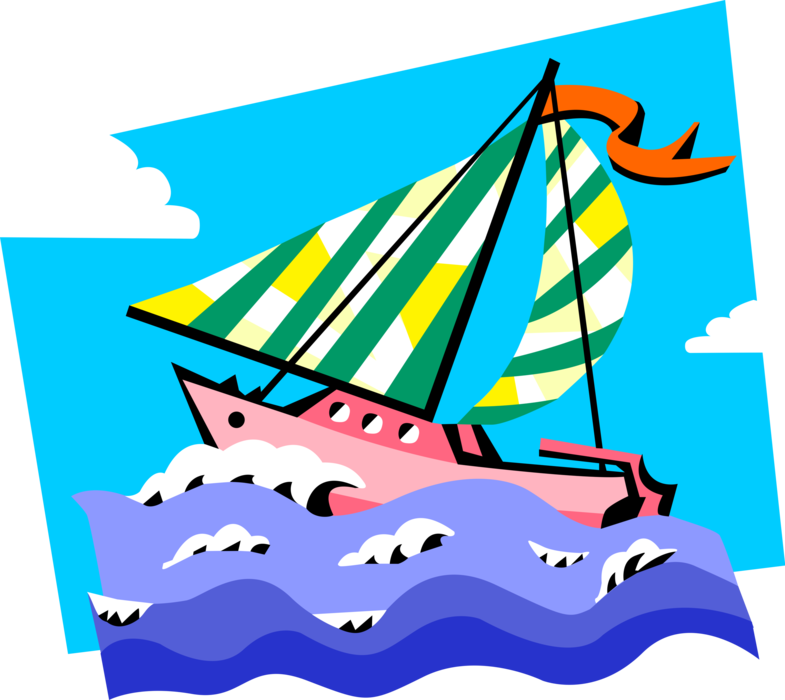Vector Illustration of Sailboat Sailing on Rough Water with Sails