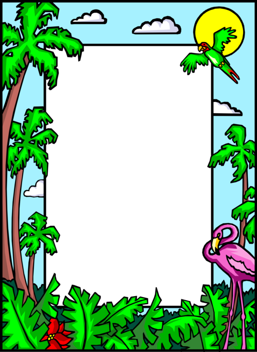 Vector Illustration of Tropical Frame with Palm Trees, Flamingo and Parrot