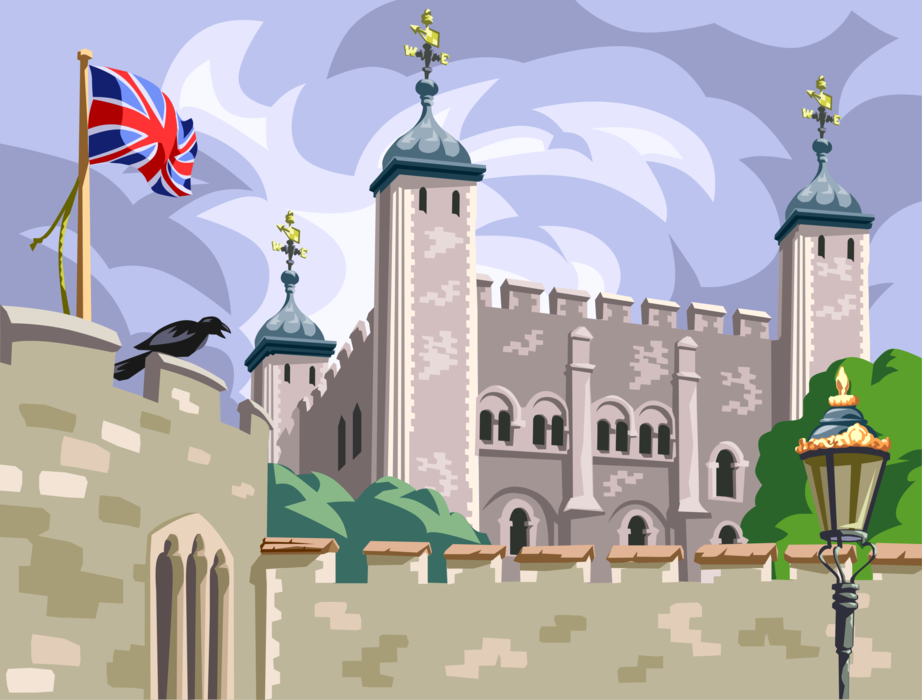 Vector Illustration of Tower of London, Historic Castle on Banks of River Thames, London, England