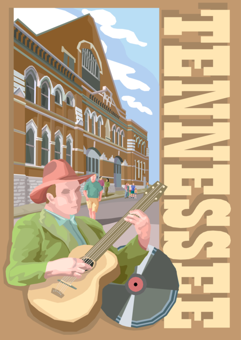 Vector Illustration of State of Tennessee Postcard Design with Grand Ole Opry and Country Singer