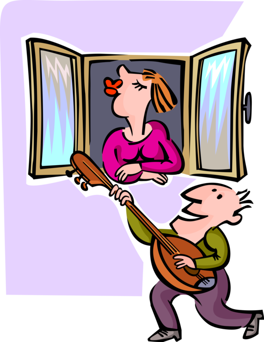 Vector Illustration of Man Serenades Girlfriend at Window with Acoustic Guitar