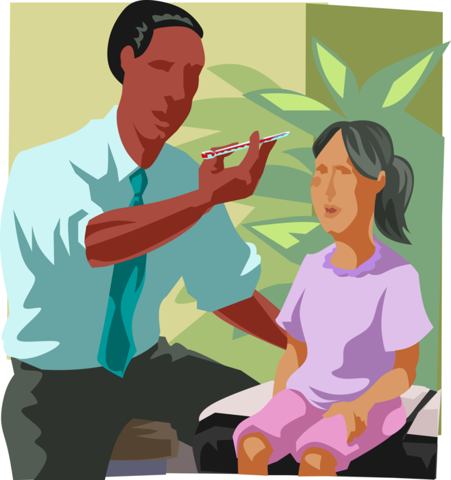 Vector Illustration of Doctor Taking Young Patient's Temperature with Thermometer
