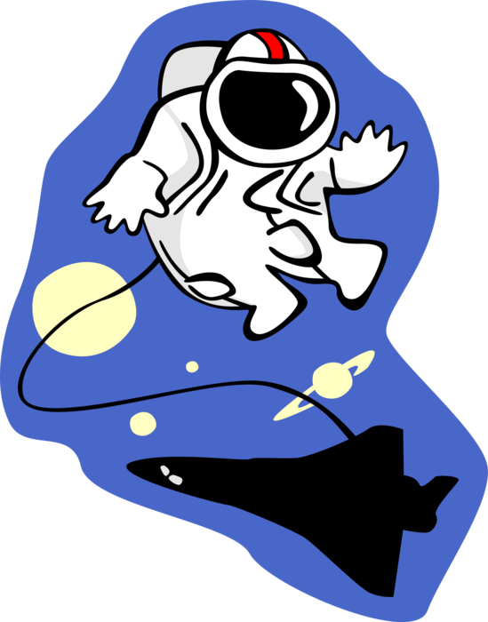 Vector Illustration of Astronaut in Outer Space Goes for Extravehicular Activity Spacewalk Outside Earth Atmosphere