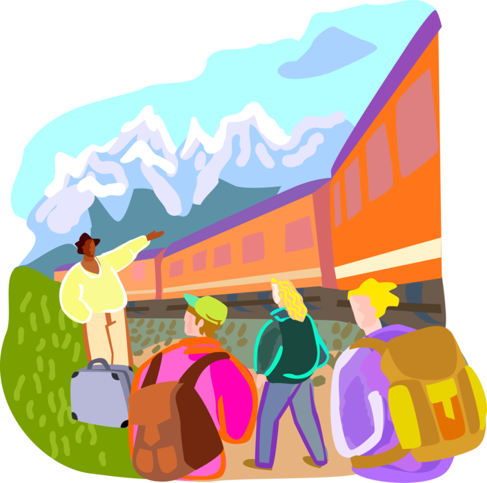 Vector Illustration of School Trip Students Travel with Teacher on Railway Train Locomotive