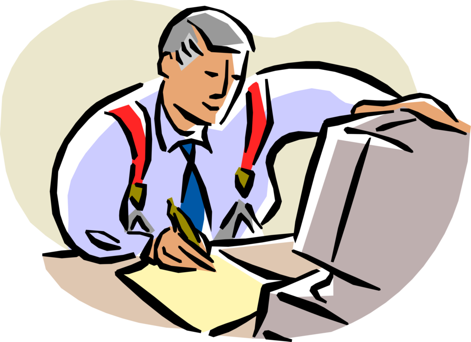 Vector Illustration of Businessman Works at Desk with Computer and Takes Notes