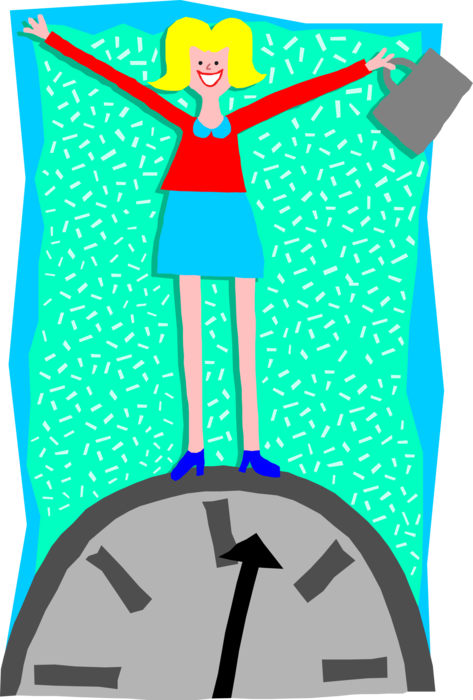 Vector Illustration of Businesswoman on the Clock Celebrates