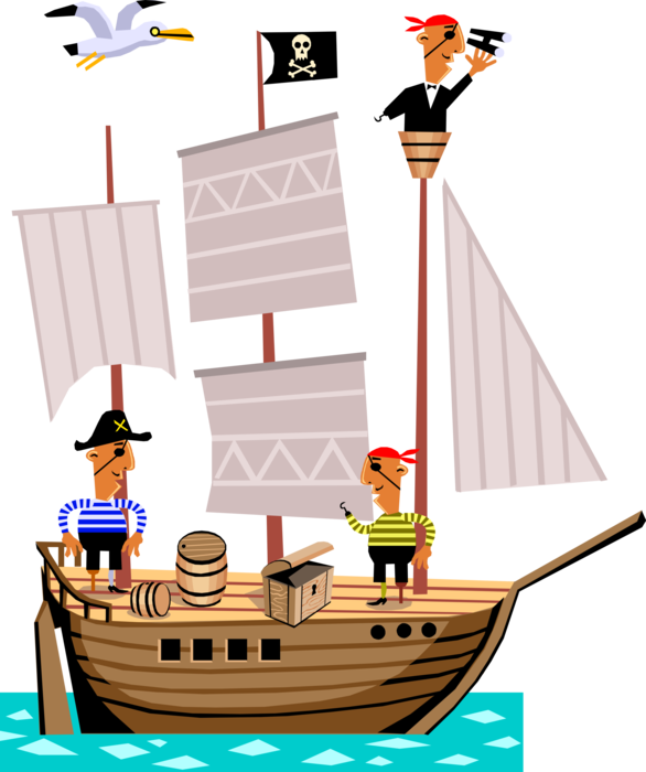 Vector Illustration of Swashbuckling Buccaneer Mariner Pirates Sail Pirate Ship