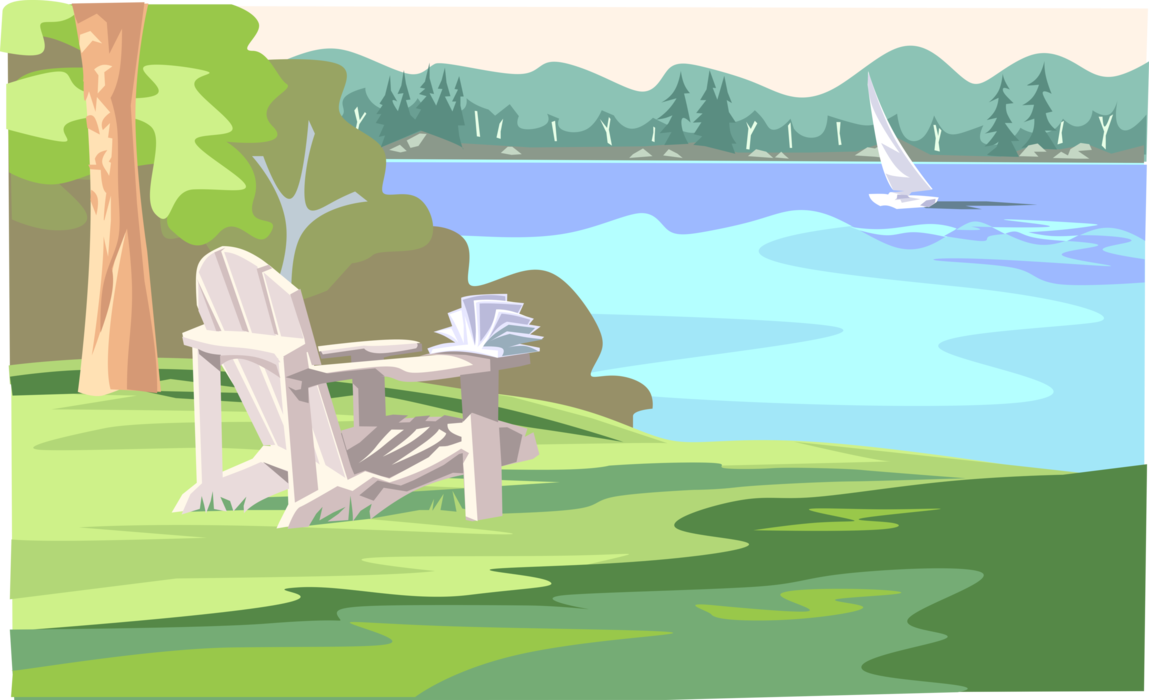 Vector Illustration of Recliner Chair at Waterfront with Great View of Lake