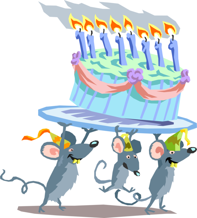 Vector Illustration of Rodent Party Mice Carry Birthday Cake with Lit Candles