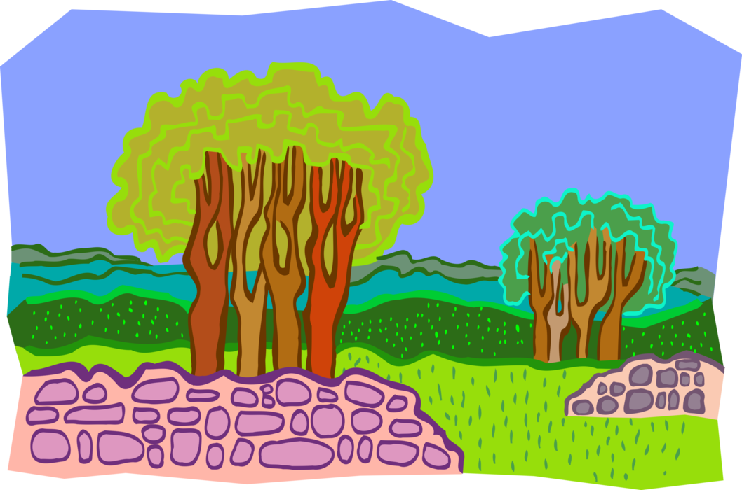 Vector Illustration of Tree Clusters in Fields