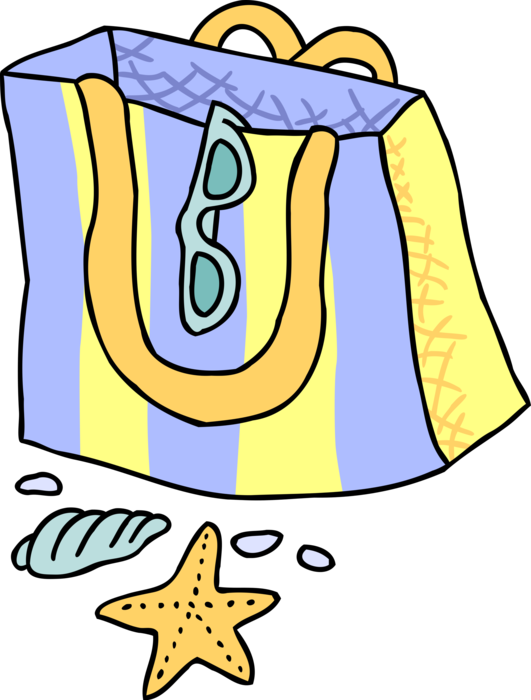 Vector Illustration of Day at the Beach with Towel Bag with Seashells