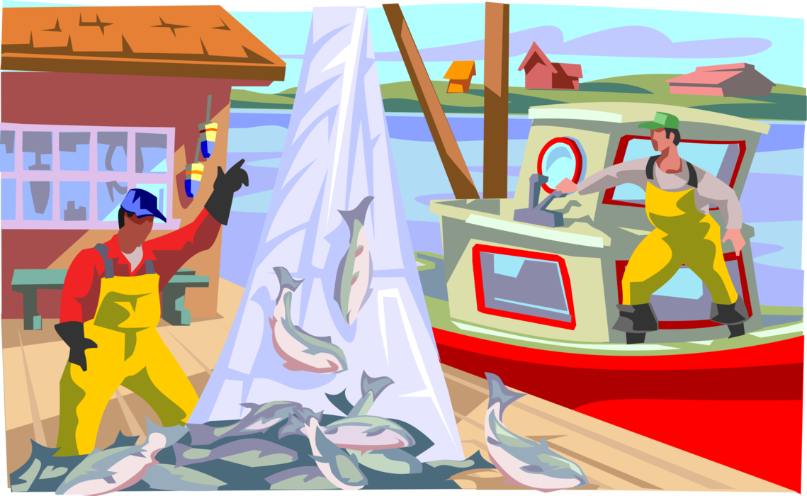 Vector Illustration of Commercial Fishing Industry Fishermen Unloading Day's Catch of Fish from Boat