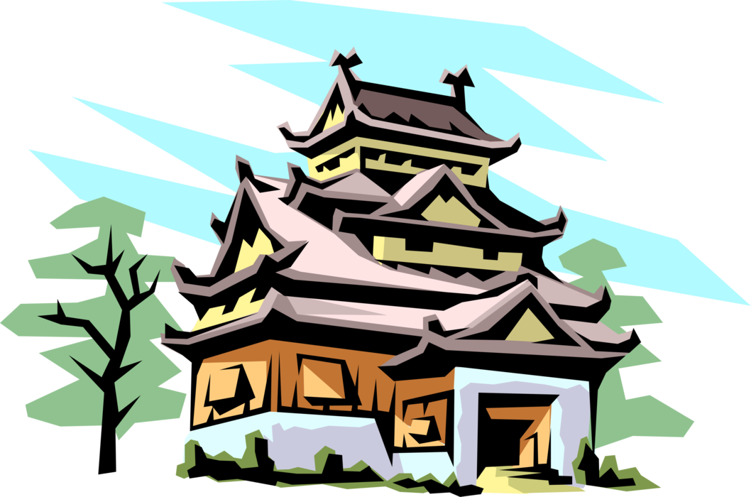 Vector Illustration of Japanese Pagoda Temple or Sacred Structure