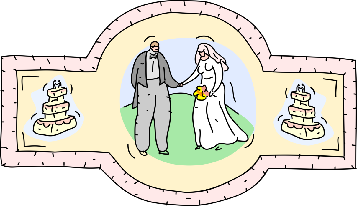 Vector Illustration of Marriage Bride and Groom Join Hands on Wedding Day