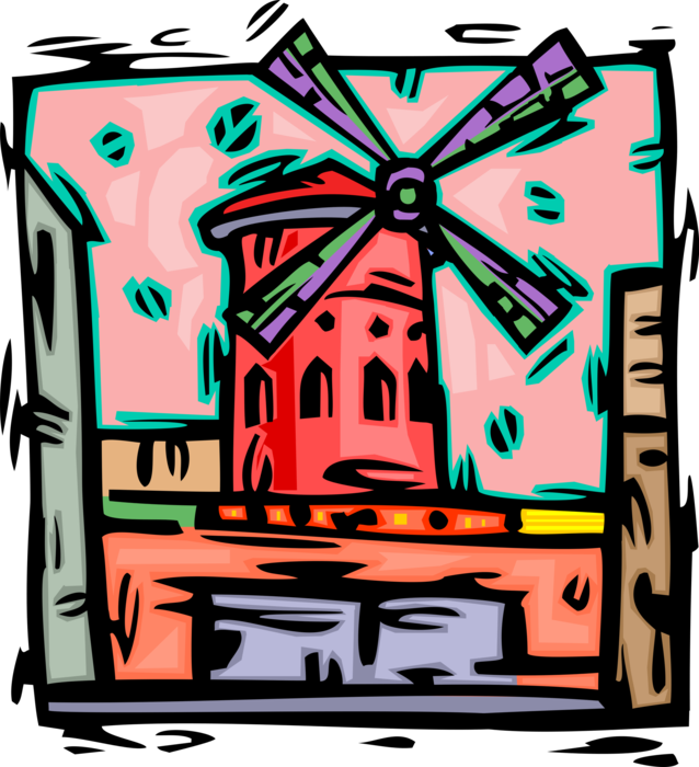Vector Illustration of Windmill at Moulin Rouge Cabaret, Paris, France