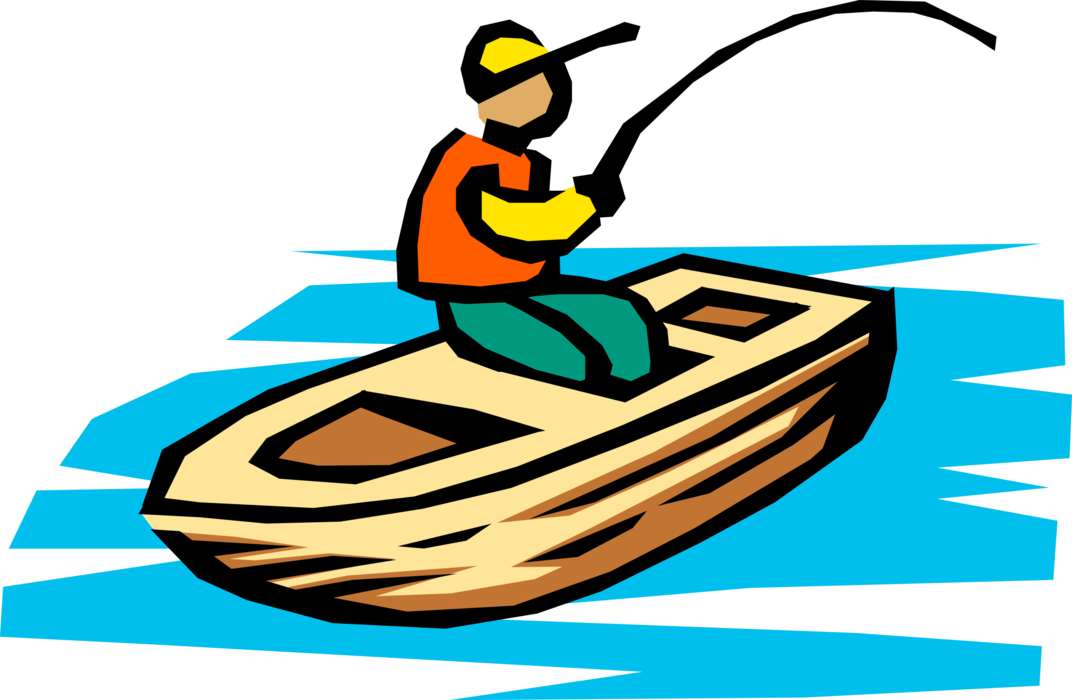 Vector Illustration of Sport Fisherman Angler Catches Fish While Fishing in Boat