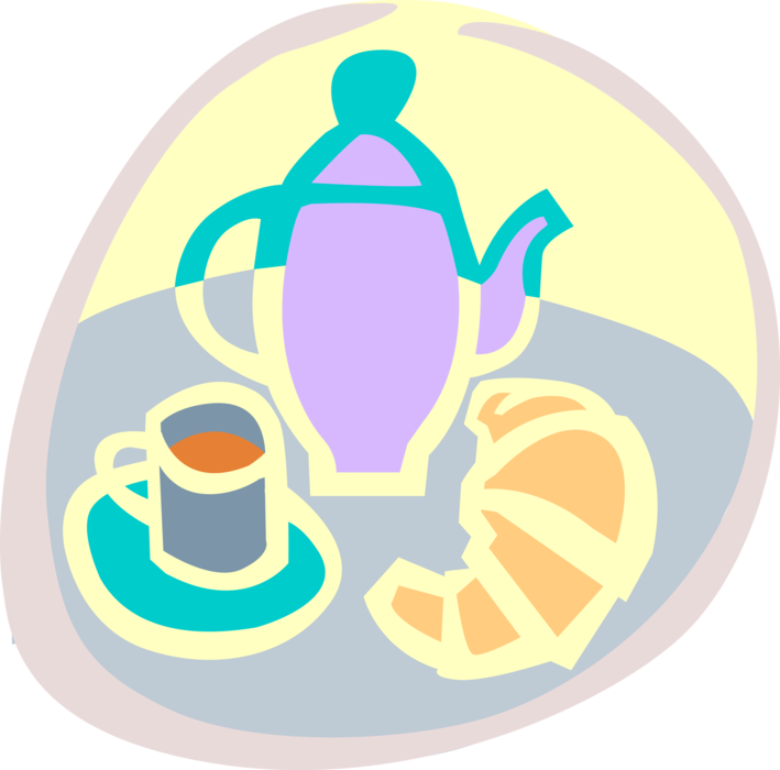 Vector Illustration of Tea Time with Teapot, Cup and Flaky, Viennoiserie-Pastry Croissant