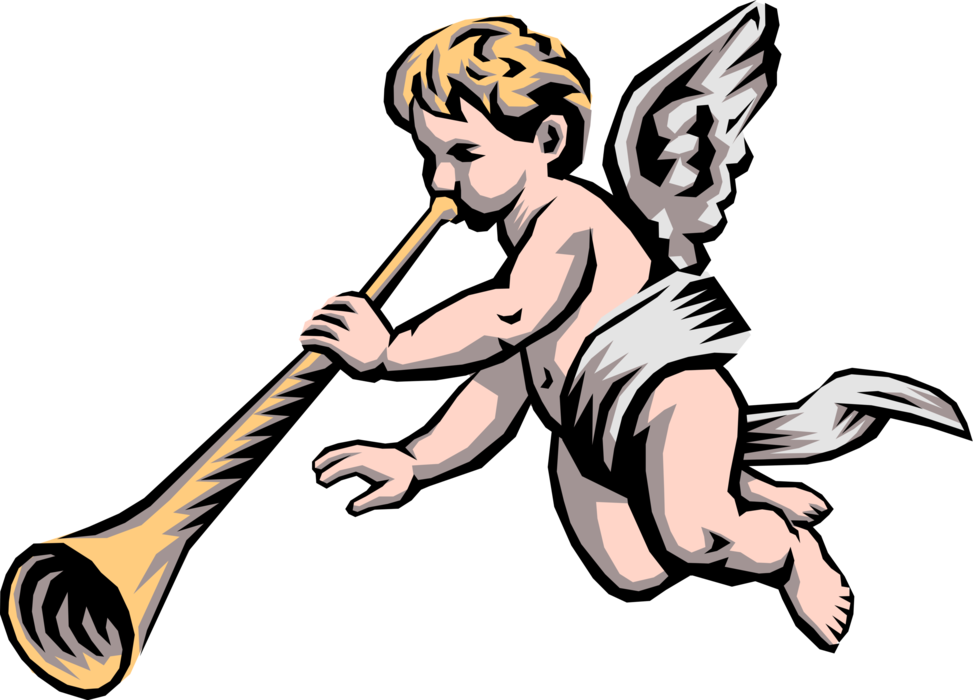 Vector Illustration of Angelic Spiritual Cherub Angel with Wings Blows Trumpet Horn