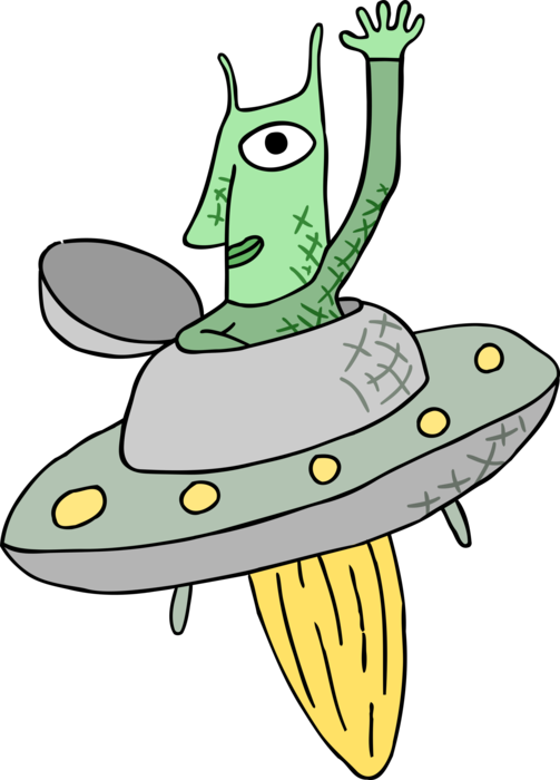 Vector Illustration of Outer Space Spaceman Alien in Flying Saucer UFO Unidentified Flying Object