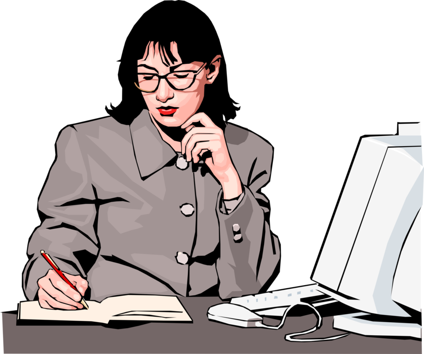 Vector Illustration of Woman in the Workplace Writing in Business Journal